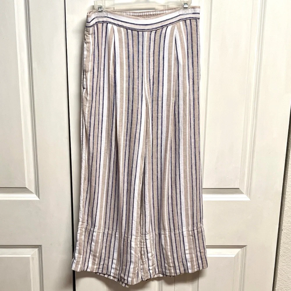 Banana Republic Linen-Blend Wide-Leg Capris in Beige and Blue Stripe size S